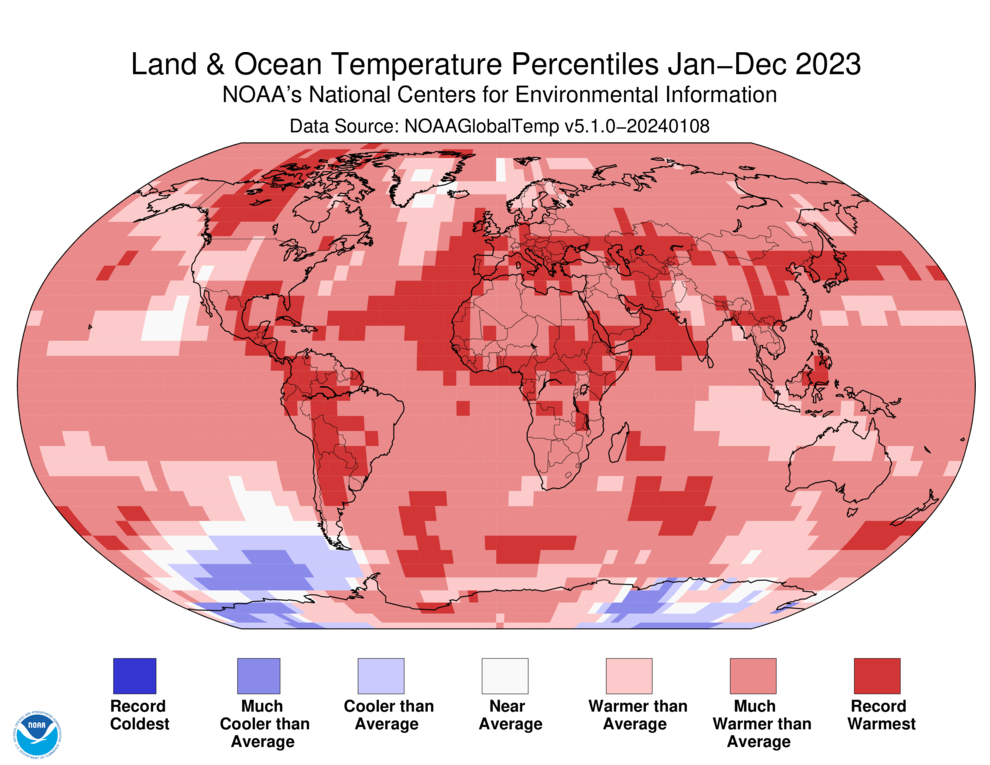 January–December 2023 Blended Land and Sea Surface Temperature Percentiles