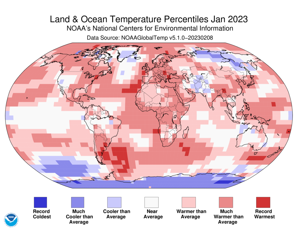 January 2023 Blended Land and Sea Surface Temperature Percentiles
