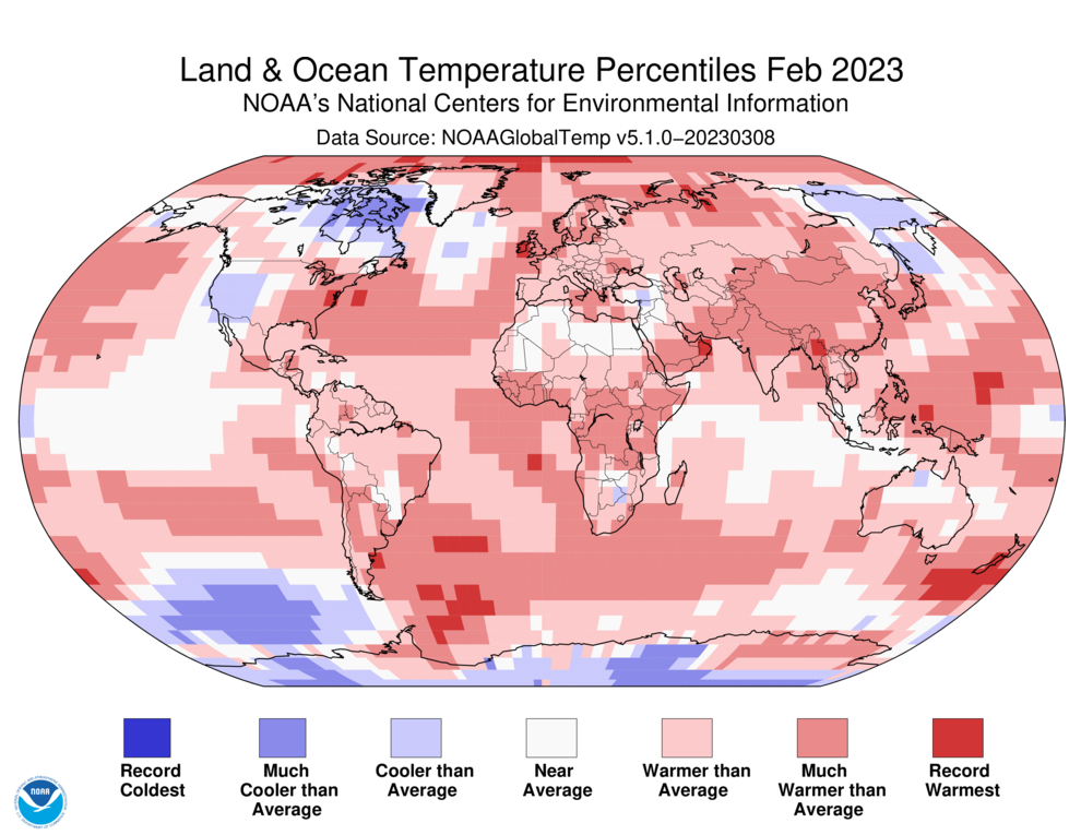 February 2023 Blended Land and Sea Surface Temperature Percentiles