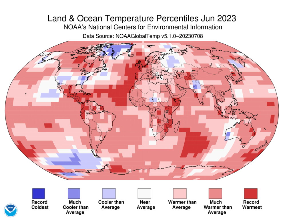 June 2023 Blended Land and Sea Surface Temperature Percentiles