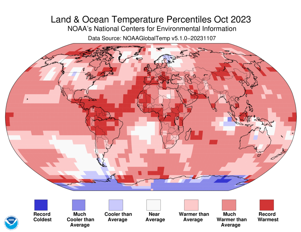 October 2023 Blended Land and Sea Surface Temperature Percentiles