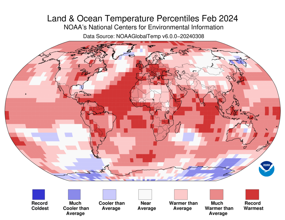 February 2024 Blended Land and Sea Surface Temperature Percentiles