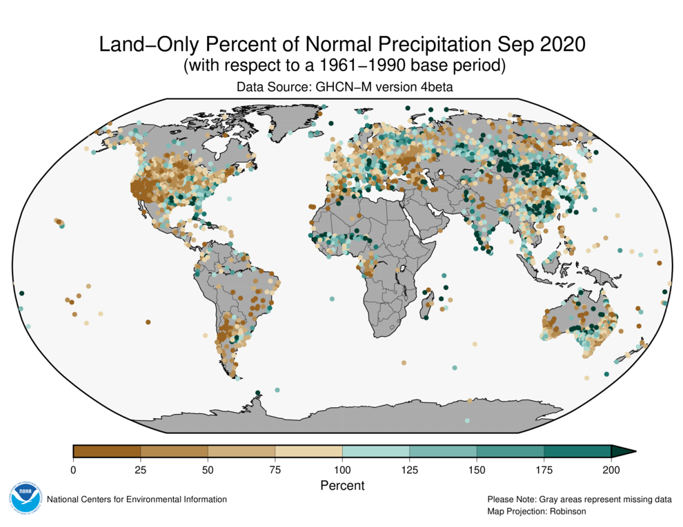 September 2020 Land-Only Precipitation Percent of Normal