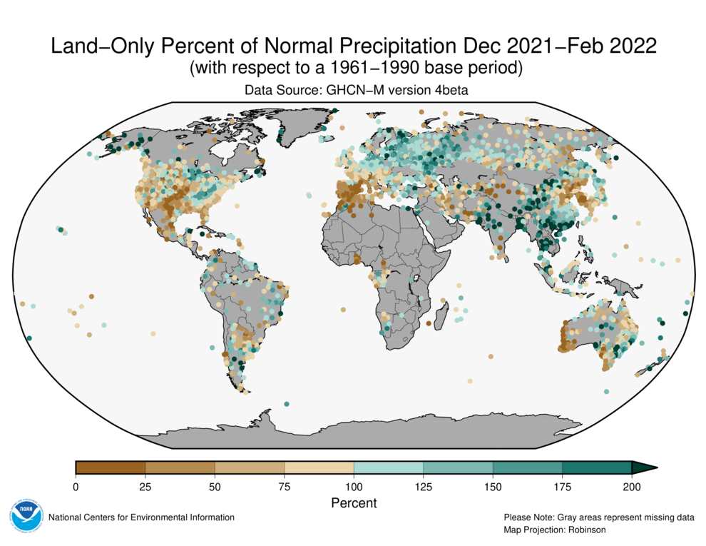 December 2021–February 2022 Land-Only Precipitation Percent of Normal