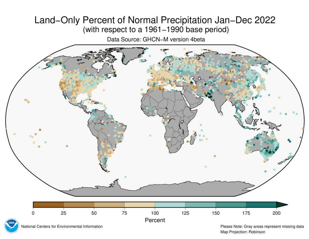 January-December 2022 Land-Only Precipitation Percent of Normal