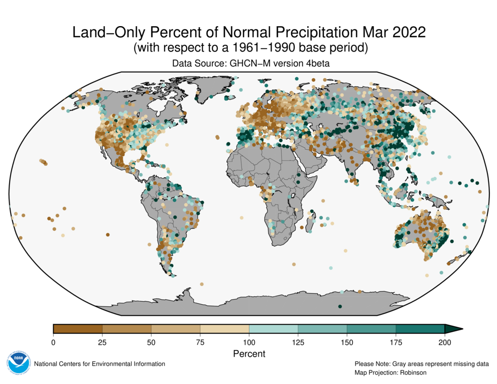 March 2022 Land-Only Precipitation Percent of Normal