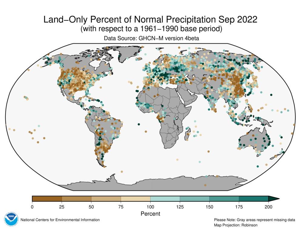 September 2022 Land-Only Precipitation Percent of Normal