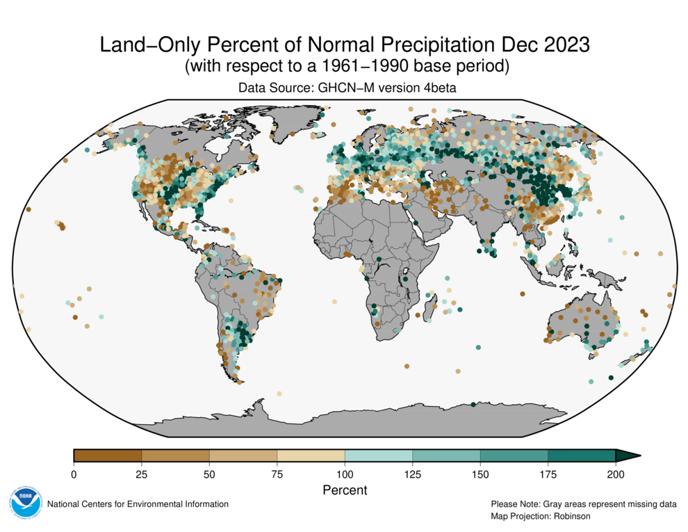 December 2023 Land-Only Precipitation Percent of Normal
