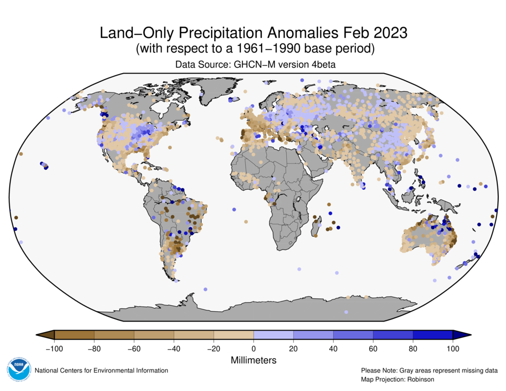 February 2023 Land-Only Precipitation Anomalies