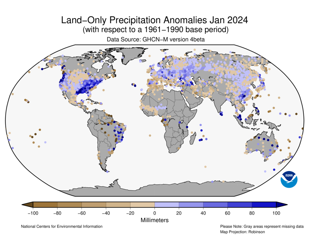 January 2024 Land-Only Precipitation Anomalies