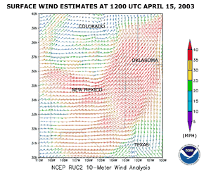 Click here for surface winds at 1200 UTC on April 15, 2003 over New Mexico