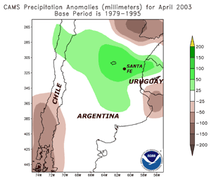 April 2003 precipitation anomaly estimates from the Climate Anomaly Monitoring System (CAMS) for Argentina
