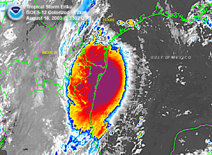 Satellite image of Tropical Storm Erika south of Brownsville, TX on August 16, 2003