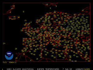 Temperatures across Europe on August 7, 2003 at 1200 UTC
