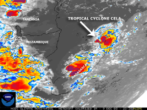 Infrared satellite image of Tropical Cyclone Cela over northern Madagascar on December 9, 2003