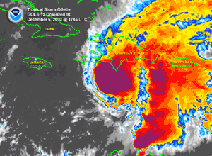 Infrared satellite image of Tropical Storm Odette near the Dominican Rebulic on December 6, 2003