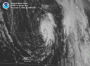 Visible satellite image of Tropical Storm Peter on December 9, 2003
