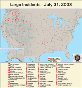a map of active western wildfires on July 31, 2003