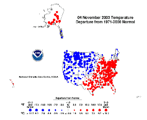 Temperature departures from normal on November 4, 2003