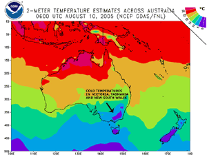 Australian temperatures at 0600 UTC on August 10, 2005