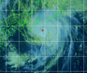 Satellite image of Typhoon Mawar just south of Japan on August 25, 2005