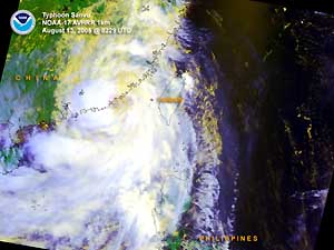 Satellite image of Typhoon Sanvu along the China coast on August 13, 2005