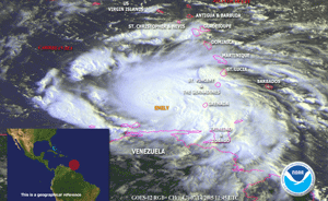 Satellite image of Hurricane Emily near Grenada on July 14, 2005