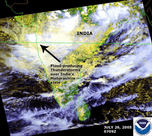 Satellite image of heavy showers and thunderstorms over India on July 26, 2005