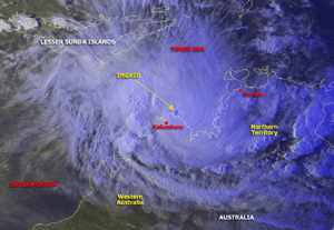 Satellite image of powerful Tropical Cyclone Ingrid along the northern coast of Australia on March 15, 2005 