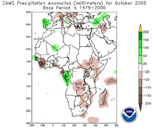 Precipitation anomalies across Africa during October 2005