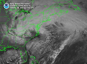 Satellite image of a Nor'easter affecting the Eastern Seaboard of the U.S. on October 25, 2005