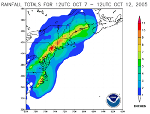 Heavy rainfall totals in the Northeast United States during October 7-11, 2005