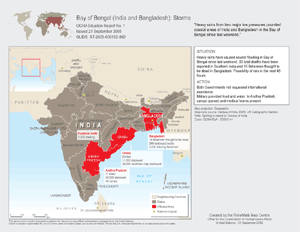 Map depicting flood-affected areas in India and Bangladesh during mid to late September