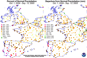 Rainfall departures from normal across western Europe during October 2004-September 2005