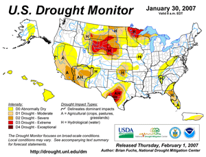 Drought Monitor depiction as of January 23, 2007