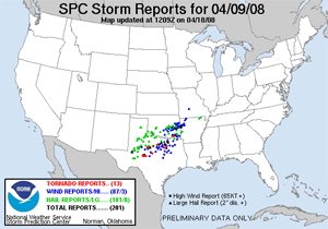 Animation of U.S. Severe Weather Reports on April 9-11, 2008