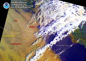 Satellite image of Kuwait dust storm on 19 February 2008