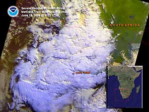 Satellite image of severe weather in South Africa on 18 June 2008