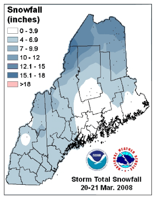March 20-21, 2008 storm snowfall total for Maine