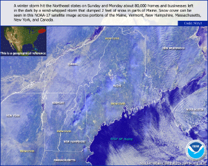 Satellite image of snow cover across New England on 24 February 2009