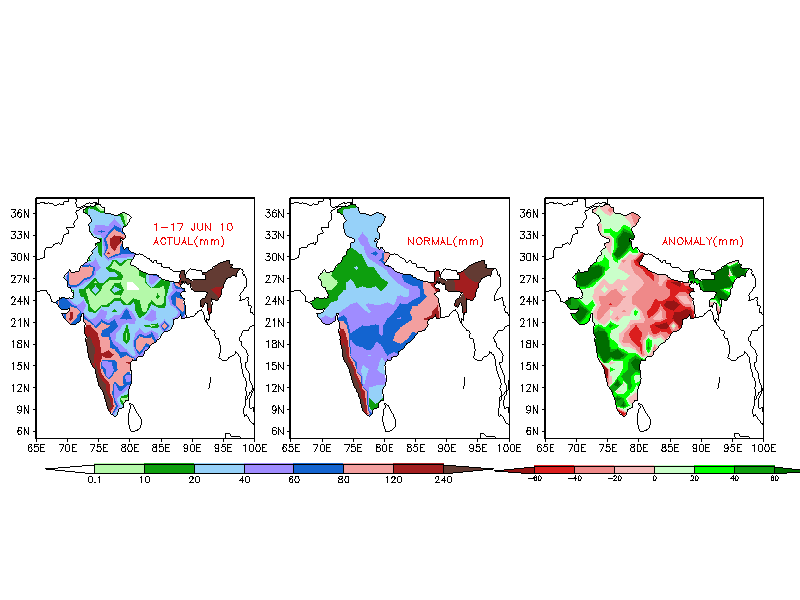 Actual, normal, and anomalous rainfall amounts in India 01-17 June 2010