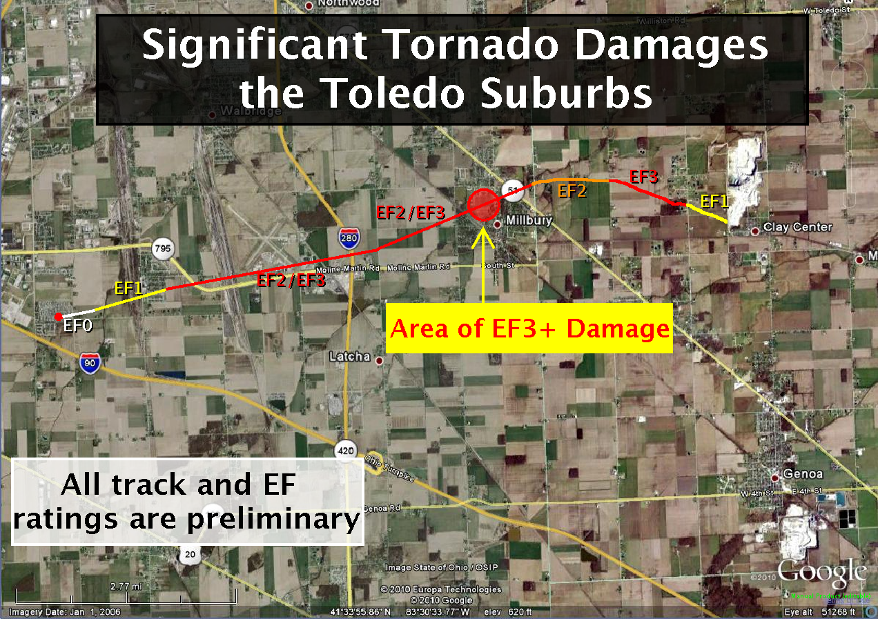 Destructive tornado path near Toledo, Ohio on 05 June 2010