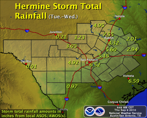 Rainfall totals for 8-9 September along the Interstate-35 corridor in Texas due to the tropical remnants of Hermine