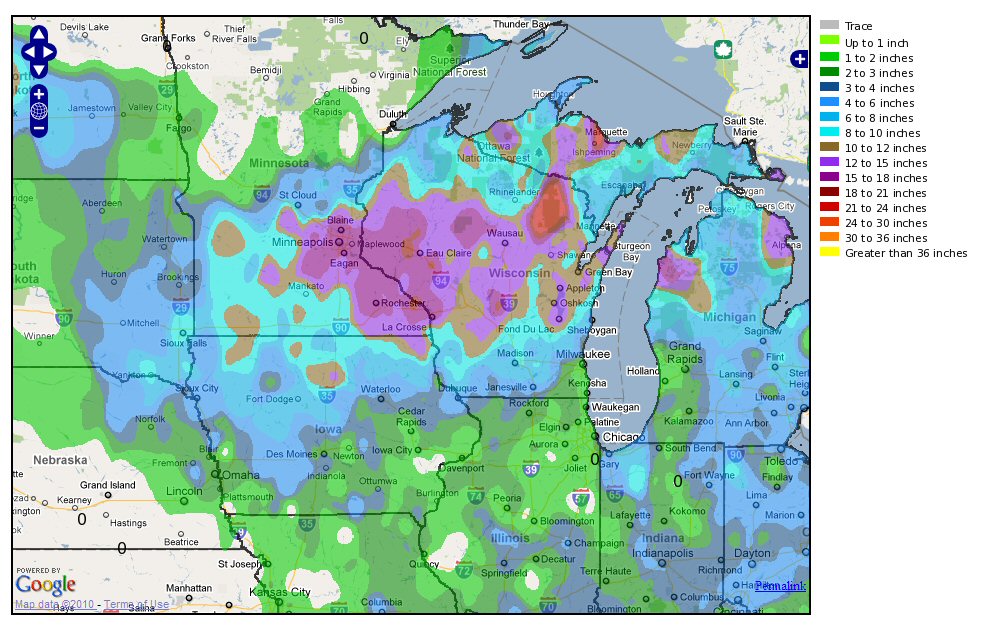 10–11 December 2010 snowfall totals across southeastern Minnesota and southwestern Wisconsin