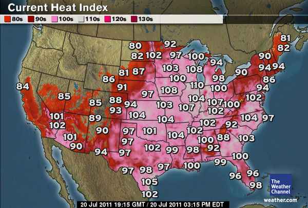 Map of afternoon U.S. heat indexes on 20 July 2011