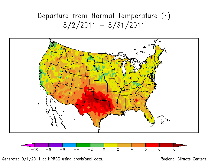 U.S. temperature departures from average during August 2011