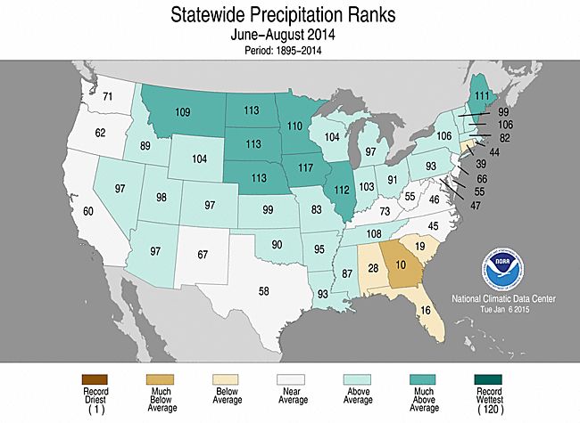 Summer 2014 Statewide Precipitation Rank Map