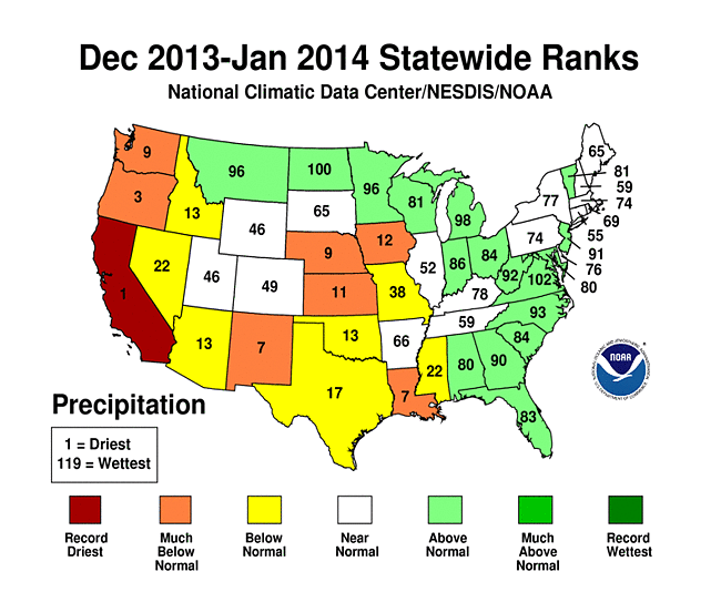 January 2014 Statewide Precipitation Ranks Map