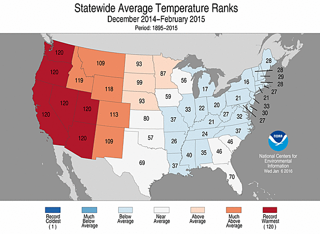 Winter 2014/2015 Statewide Temperature Rank Map
