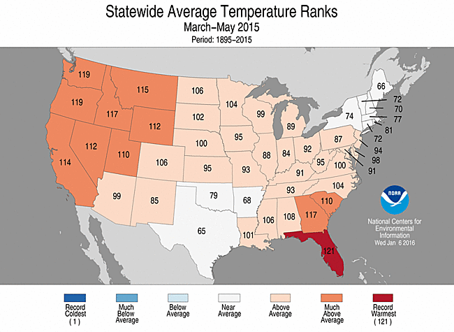 Spring 2015 Statewide Temperature Rank Map